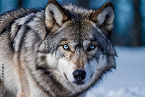 Close up photo of a grey wolf