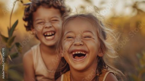 A heartwarming moment captured with two children laughing together in a natural environment, embodying joy photo