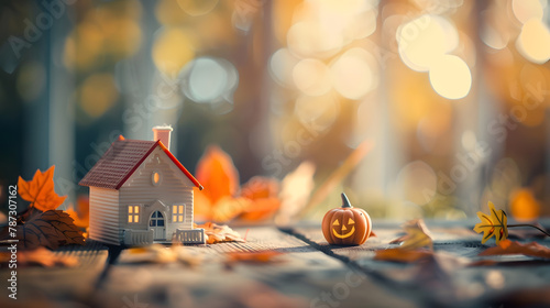 Autumnal Background Toy house and pumpkin on wooden background Thanksgiving banner copy space Hygge mood change of seasons concept Hello Autumn with family Halloween party : Generative AI photo