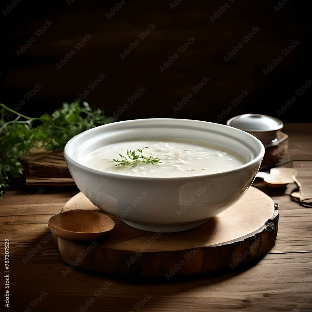 Ready to serve yogurt soup in a porcelain bowl, accompanied by parsle Ready to serve yogurt soup in a porcelain bowl, accompanied by parsle