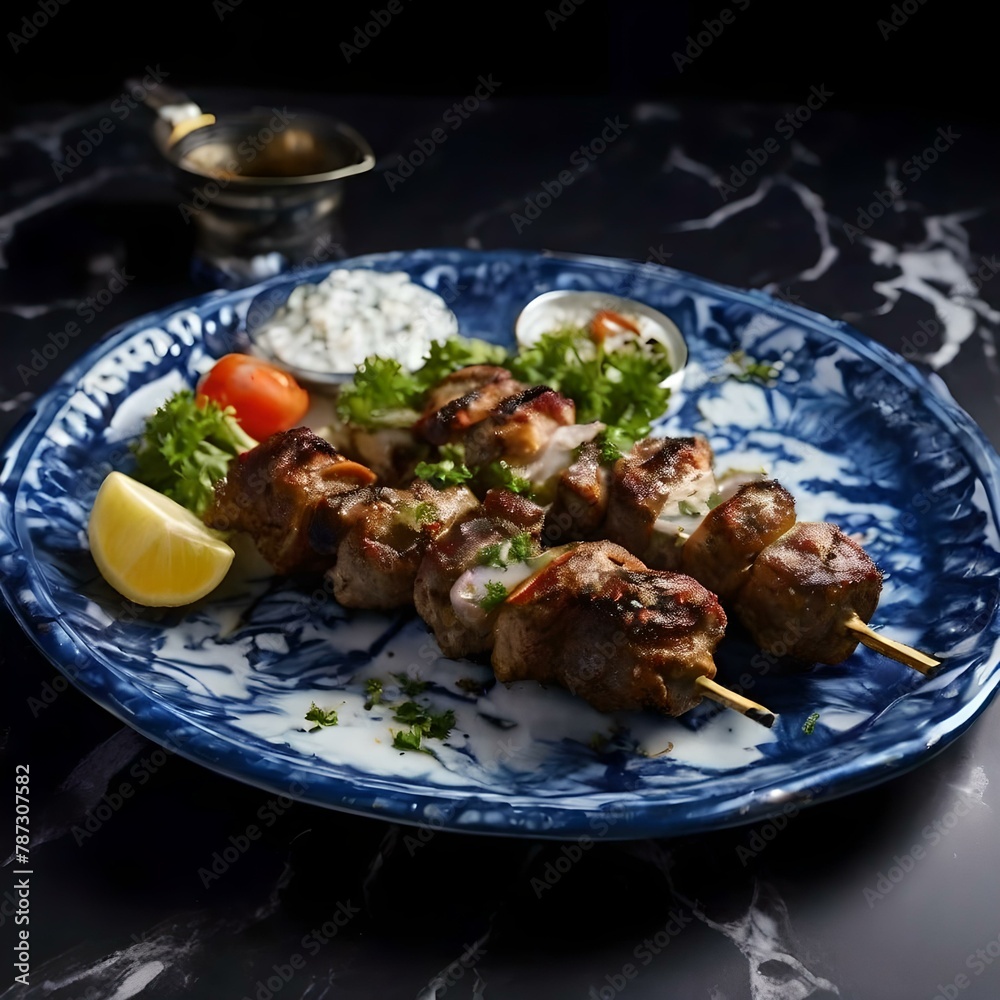 A plate of grilled lamb skewers served with garnish