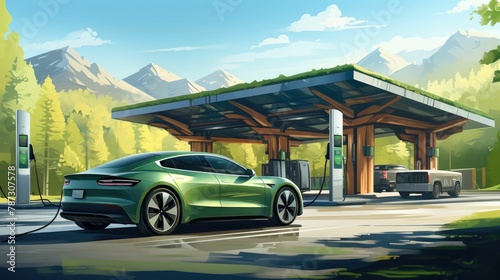 Electric vehicle charging at a solar-powered station, showcasing eco-friendly energy use and sustainability © Дмитрий Симаков