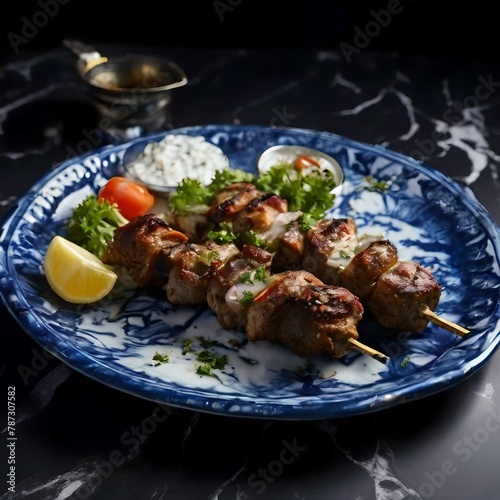A plate of grilled lamb skewers served with garnish