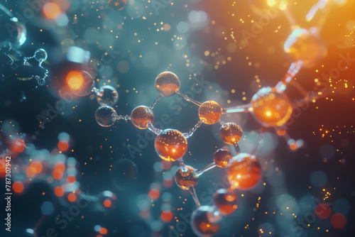 Molecular structure floats in a biotech lab, glowing bonds highlighted in cinematic light, detailed close-up photo