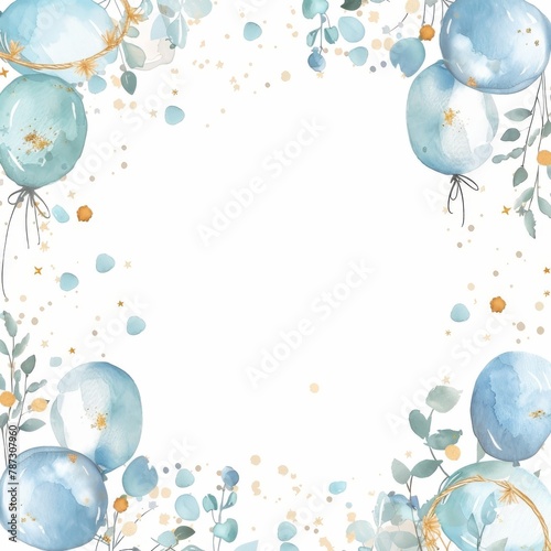 A watercolor painting of a baby shower invitation with blue balloons and eucalyptus leaves.