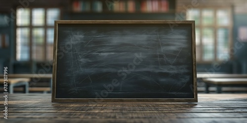An empty blackboard set against the backdrop of a vintage classroom, evoking a sense of nostalgia