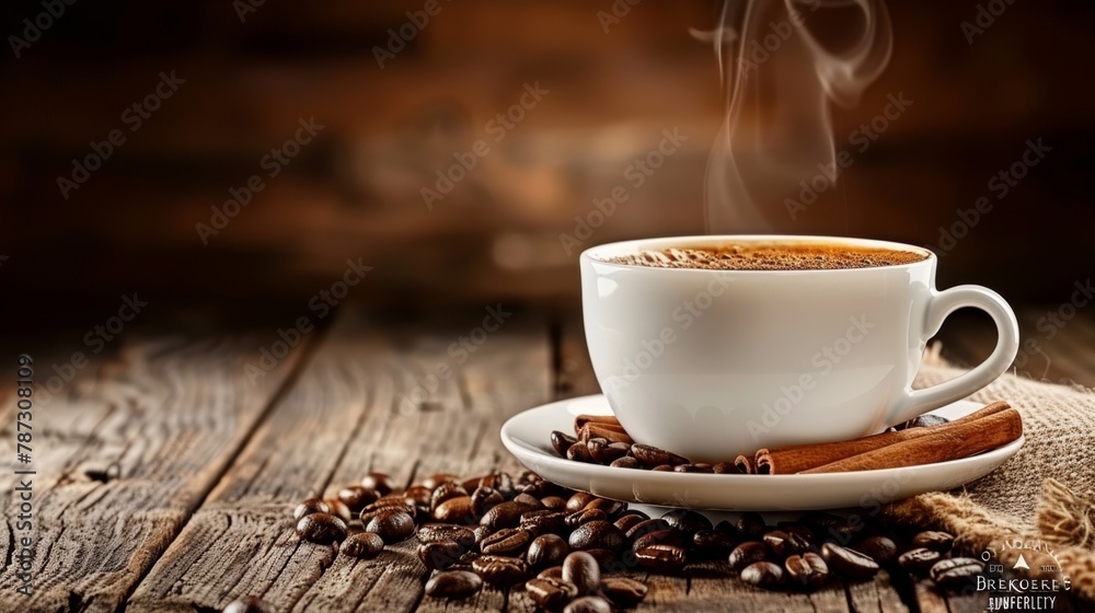 Steaming coffee cup with fragrant cinnamon and roasted coffee beans for a delightful aroma Steaming coffee cup with fragrant cinnamon and roasted coffee beans for a delightful aroma