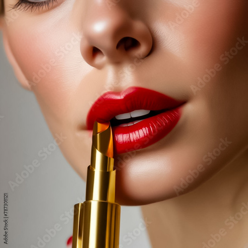 Adorable red lipstick on a woman's lips. Beautiful makeup. Woman applying lipstick. 