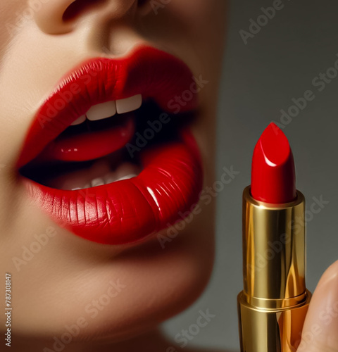 Adorable red lipstick on a beautiful woman's lips. Chic makeup. Woman applying lipstick. 
