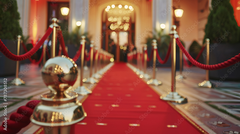 Red carpet with ropes and golden barriers on a luxury party entrance, cinema premiere film festival event award gala ceremony, wealthy rich guests arriving, outdoor decoration elements, summer day Red carpet with ropes and golden barriers on a luxury party entrance, cinema premiere film festival event award gala ceremony, wealthy rich guests arriving, outdoor decoration elements, summer day