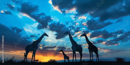 An impressive display of four giraffes silhouetted against a dramatic sunset sky, symbolizing freedom photo