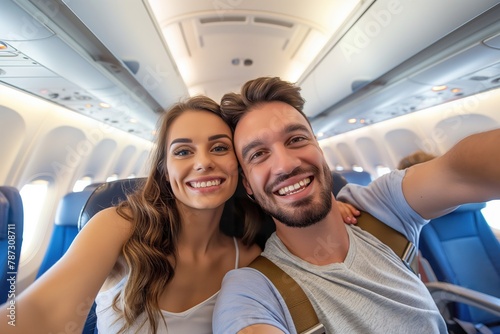 Couple capturing a moment with a selfie while onboard an airplane. © Joaquin Corbalan