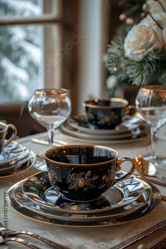 Festive table setting with dark dishes