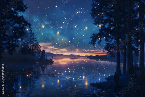 Twilight Serenade: Reflective Lake under a Starlit Sky with Fireflies