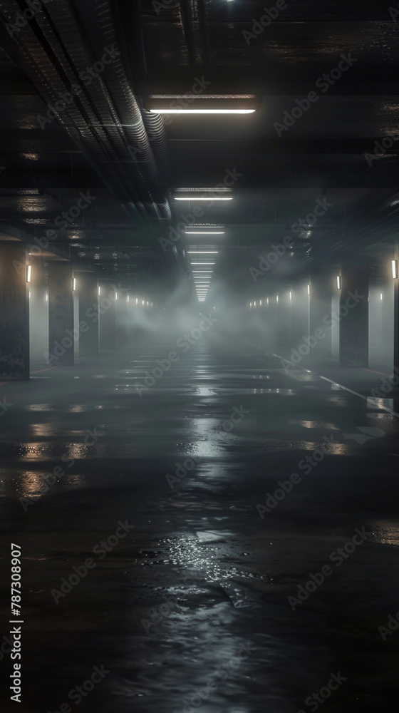 The abandoned depths of a parking garage are hauntingly captured with mist filling the air and lights cutting through the haze.