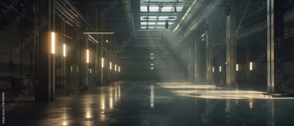 Morning sunlight streams into an expansive industrial warehouse, highlighting the clean lines and modern structure within.