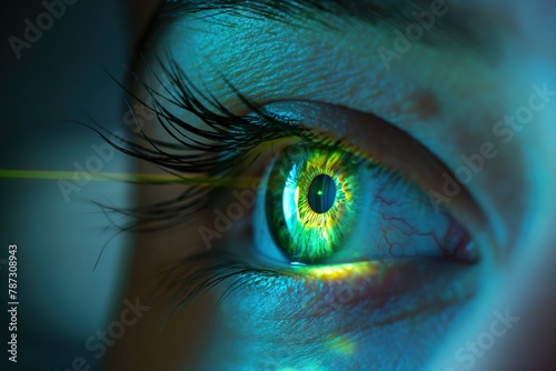 Detailed view of a persons eye showing a vibrant green and yellow iris up close.