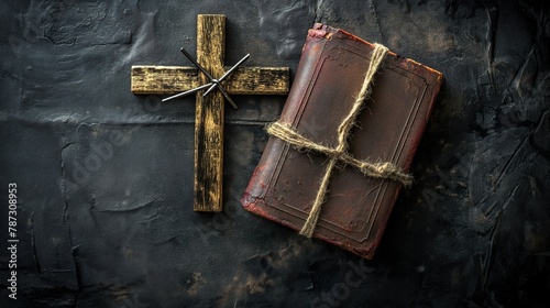 A wooden cross, a book, and a pair of scissors arranged neatly on a table. photo