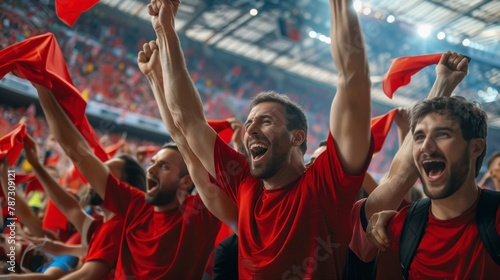 group of happy men with red soccer shirts in the stadium with red flags cheering for the team in high resolution and high quality