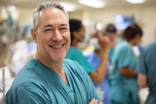 Happy middle-aged male doctor standing in a hospital with a group of medical staff working behind him, smiling at the camera. The man is wearing blue scrubs and looking happy. The background is a whit