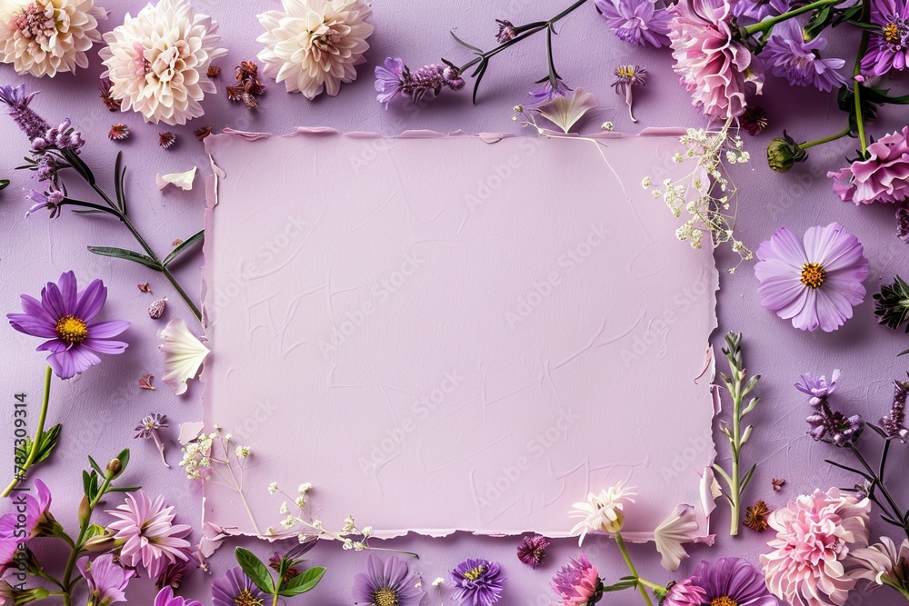 A beautiful arrangement of purple flowers and a blank card on a purple background.