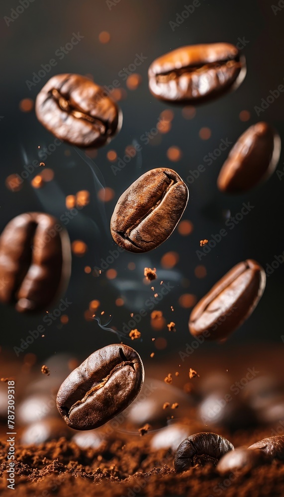 Roasted coffee beans floating in levitation on dark background for a captivating visual Roasted coffee beans floating in levitation on dark background for a captivating visual