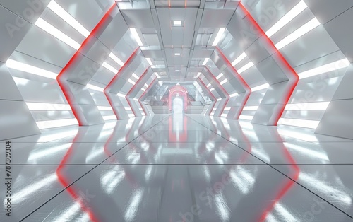 A brightly lit, geometric passageway stretches into the distance, its symmetrical design and vibrant red and white lighting creating a sense of futuristic grandeur.