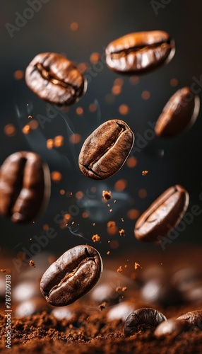 Roasted coffee beans floating in levitation on dark background for a captivating visual