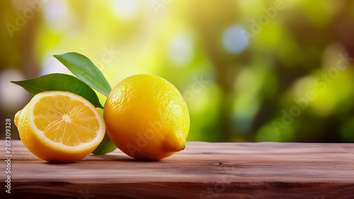 太陽光に輝く新鮮なレモンと葉 photo
