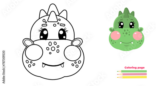 Cute green dragon face, head. Coloring page illustration for kids. Dragon animal in line drawing. For printable children's and adults coloring page or book  © Olga Voron