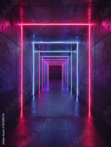 Vibrant neon lights line a modern tunnel  creating a futuristic corridor with a dynamic perspective.