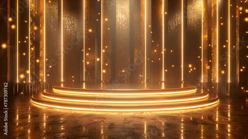 Podium with golden light lamps background, generative Ai