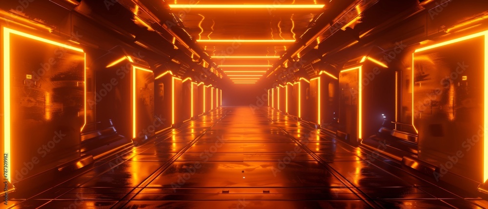 The corridor is bathed in a warm, orange glow, with the play of light creating a sense of depth and intrigue in a sci-fi setting.