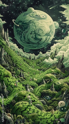 A planet covered in velcro grass, with inhabitants sticking and unsticking as they move, humorously sketched