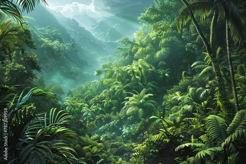 A planet jungle where the soil is so fertile, plants grow to full size overnight, lush and overwhelmingly green photo