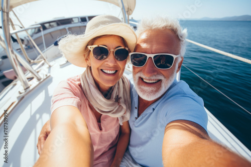 Happy elderly couple of tourists take a selfie on the seascape while traveling on a sailing yacht. Travel retirement concept. AI generated. © serperm73