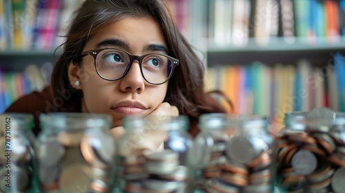 A young woman wearing glasses looks longingly at several jars filled with pennies. photo