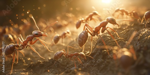 Hyper-realistic depiction of an ant colony actively engaged in teamwork on sunlit ground photo