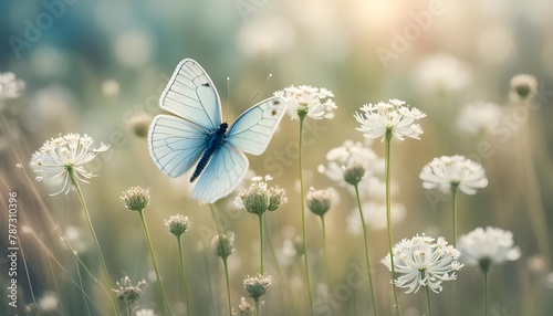 Beautiful wild flowers chamomile, purple wild peas, butterfly in morning haze in nature close-up macro. Landscape wide format, copy space, cool blue tones. Delightful pastoral airy artistic image 