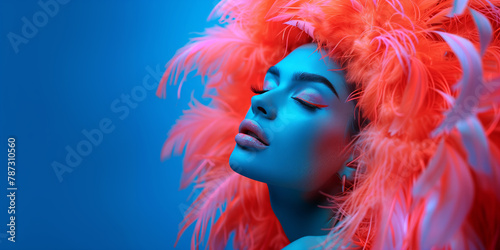 Portrait of an extravagant woman with feathered hair accessories against a blue background