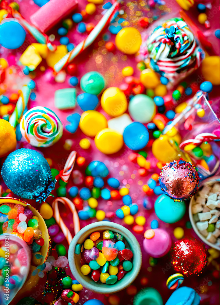 candy sweets and birthday cake. selective focus.