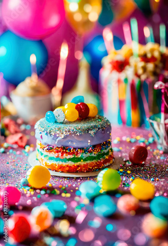 candy sweets and birthday cake. selective focus.