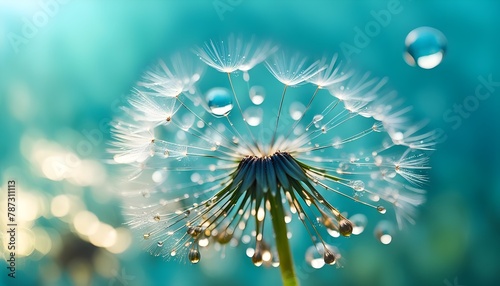 Dandelion Seeds in droplets of water on blue and turquoise beautiful background with soft focus in nature macro. Drops of dew sparkle on dandelion in rays of light, stock images	 photo