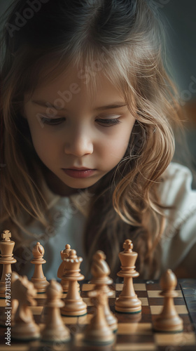 A focused little girl plays chess. Educational content on strategy and learning. Cognitive skills