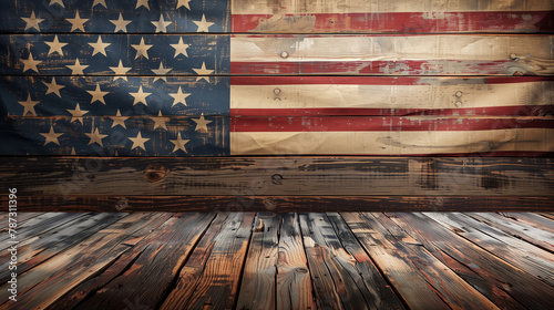 USA-Inspired Background: Empty Wooden Table for Display Montages and Presentations. photo