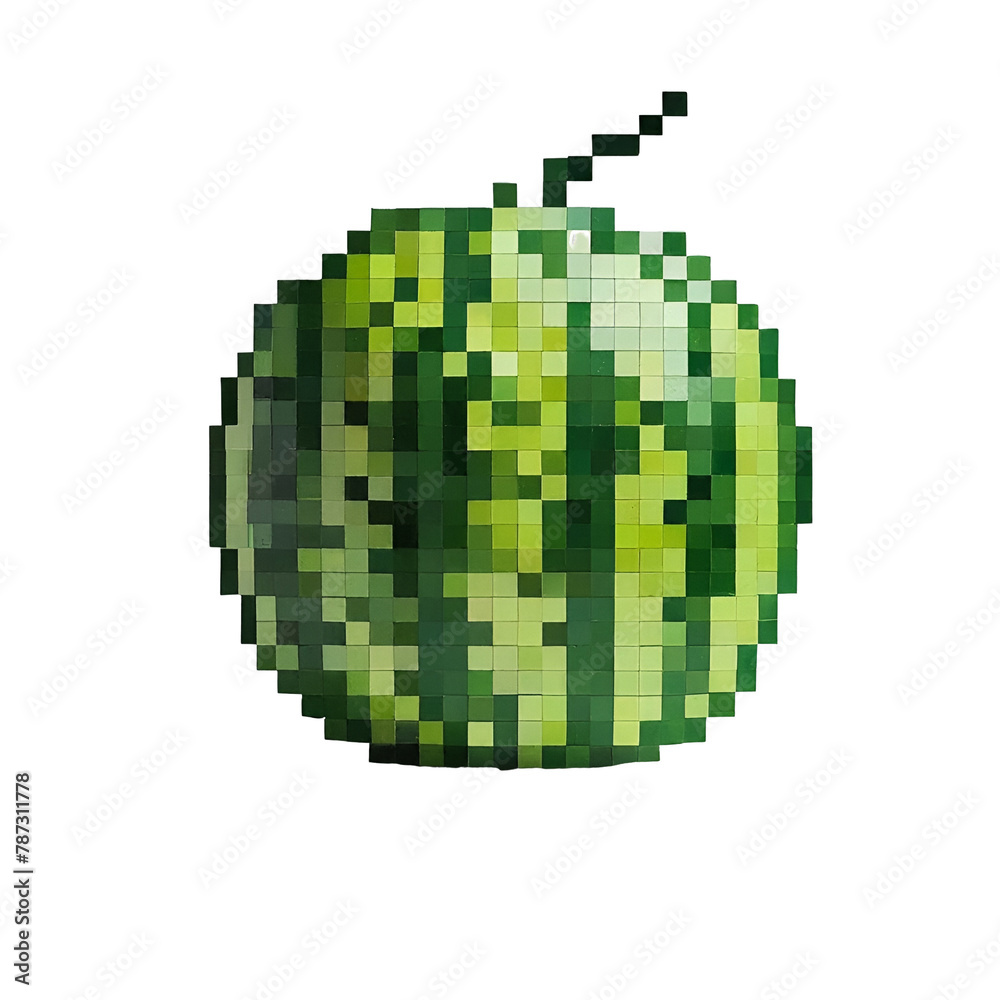 Illustration of 8 bits pixel art of watermelon in white background is represent as retro gaming element.