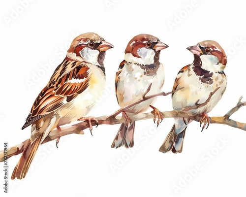 A group of cheerful sparrows chirping in harmony isolated image on white background