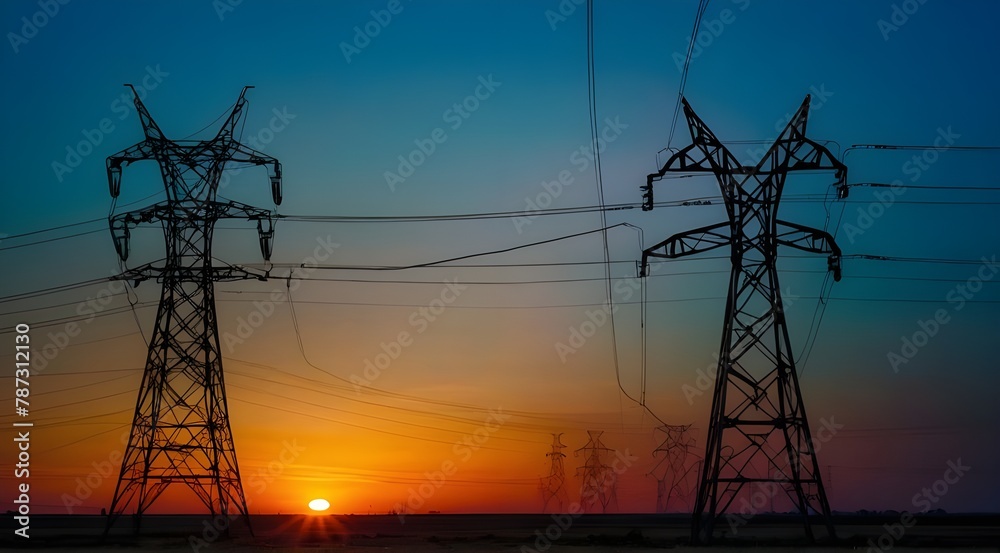 Electric Power Lines at Sunset - Energy Infrastructure - Vibrant Sky - Technological Grid