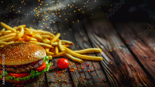 Juicy cheeseburger with french fries on a wooden table  with sparkling spices. 