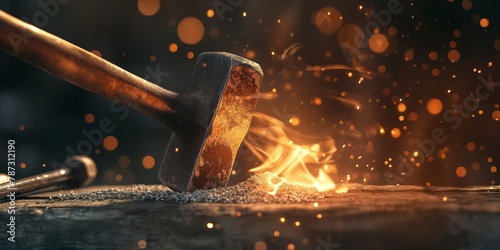 Sparks scatter as a hammer makes contact with an anvil in a dramatic display of force and craftsmanship photo